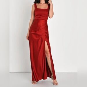 Lulus Red Carpet Romance Rust Orange Satin Square Neck Maxi Dress, Size Small